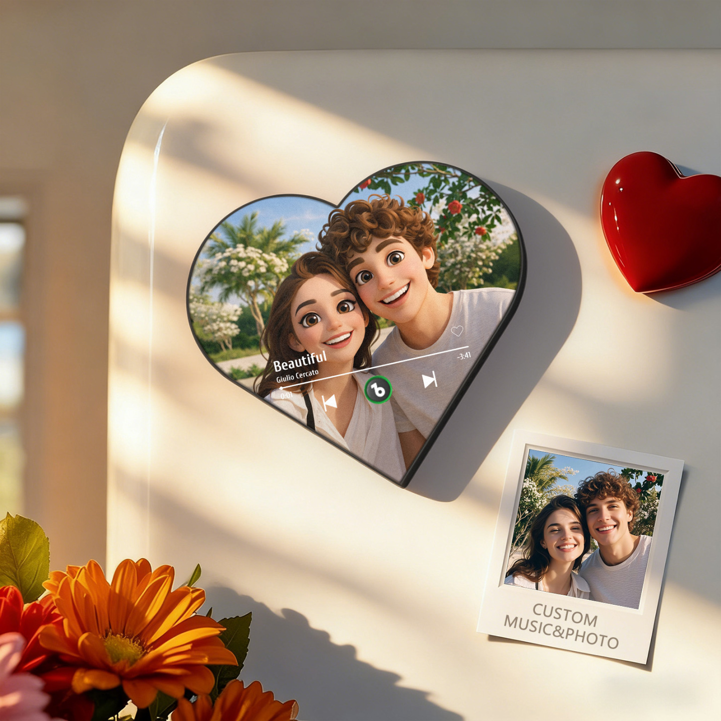 Custom Heart-Shaped Cartoon Style Photo Music Fridge Magnet Romantic Gift for Couples Valentine's Day Gifts - Fridgebeatsuk