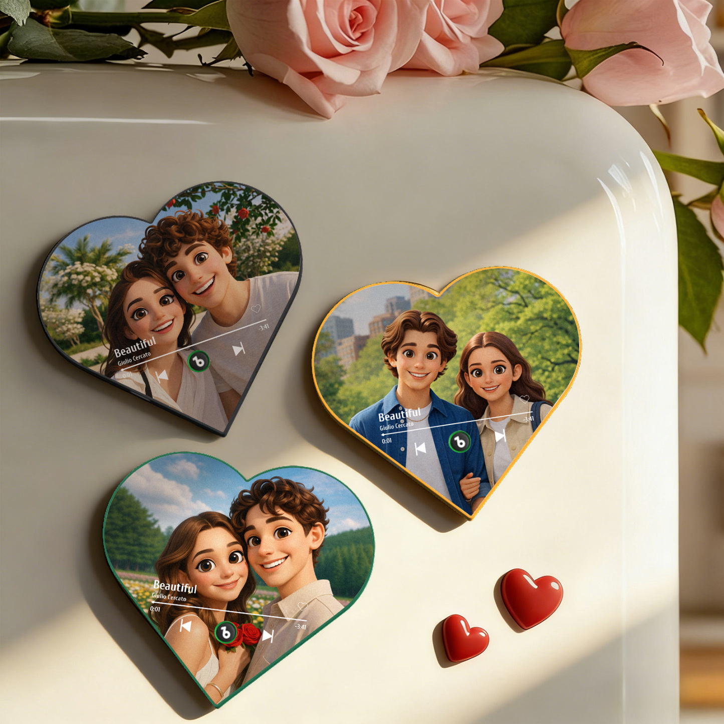 Custom Heart-Shaped Cartoon Style Photo Music Fridge Magnet Romantic Gift for Couples Valentine's Day Gifts - Fridgebeatsuk