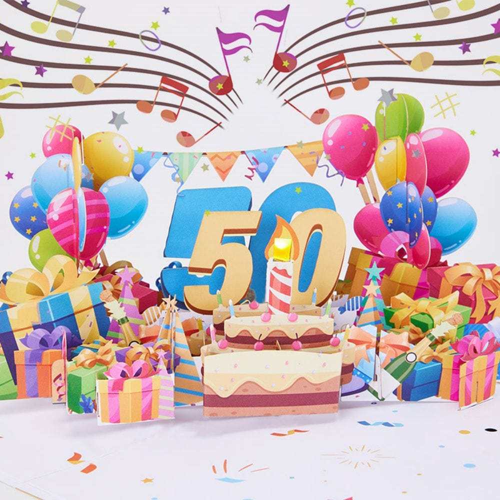 Lights and Music 50th Happy Birthday 3D Pop Up Greeting Card for Her or Him - GiftLab