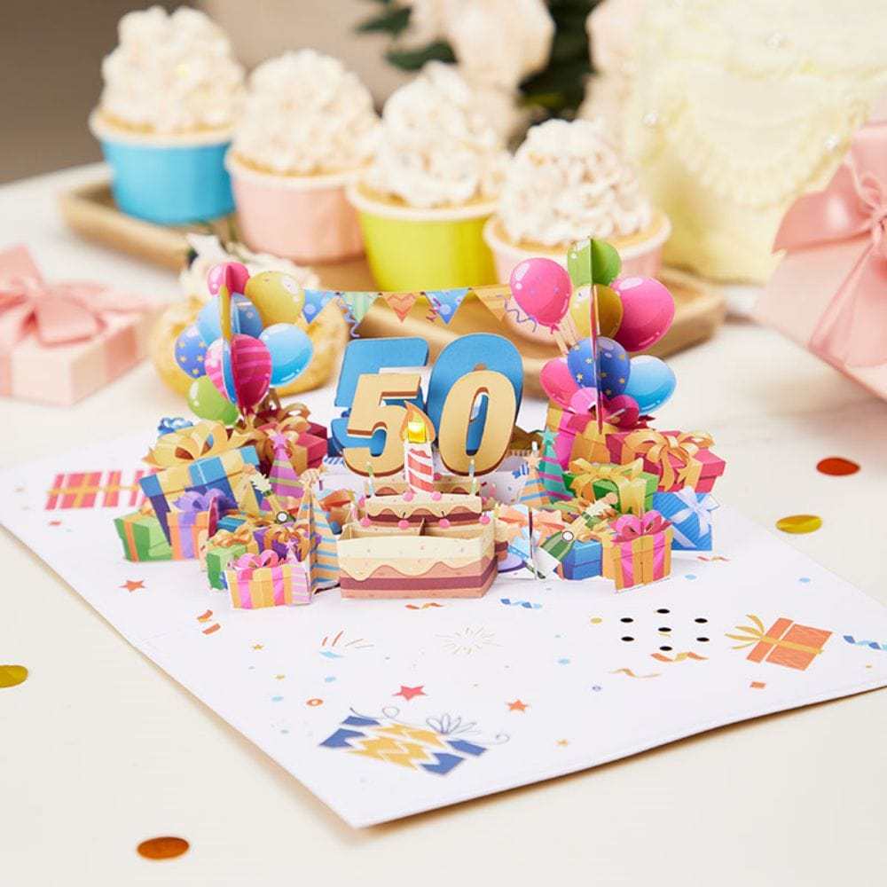 Lights and Music 50th Happy Birthday 3D Pop Up Greeting Card for Her or Him - GiftLab