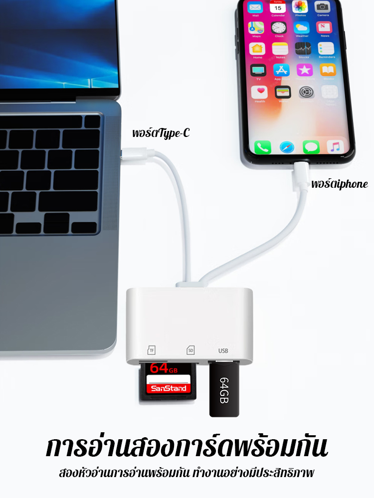 อะแดปเตอร์แปลงสองหัวสำหรับอ่านการ์ดSD+การ์ดTF+พอร์ตUSB