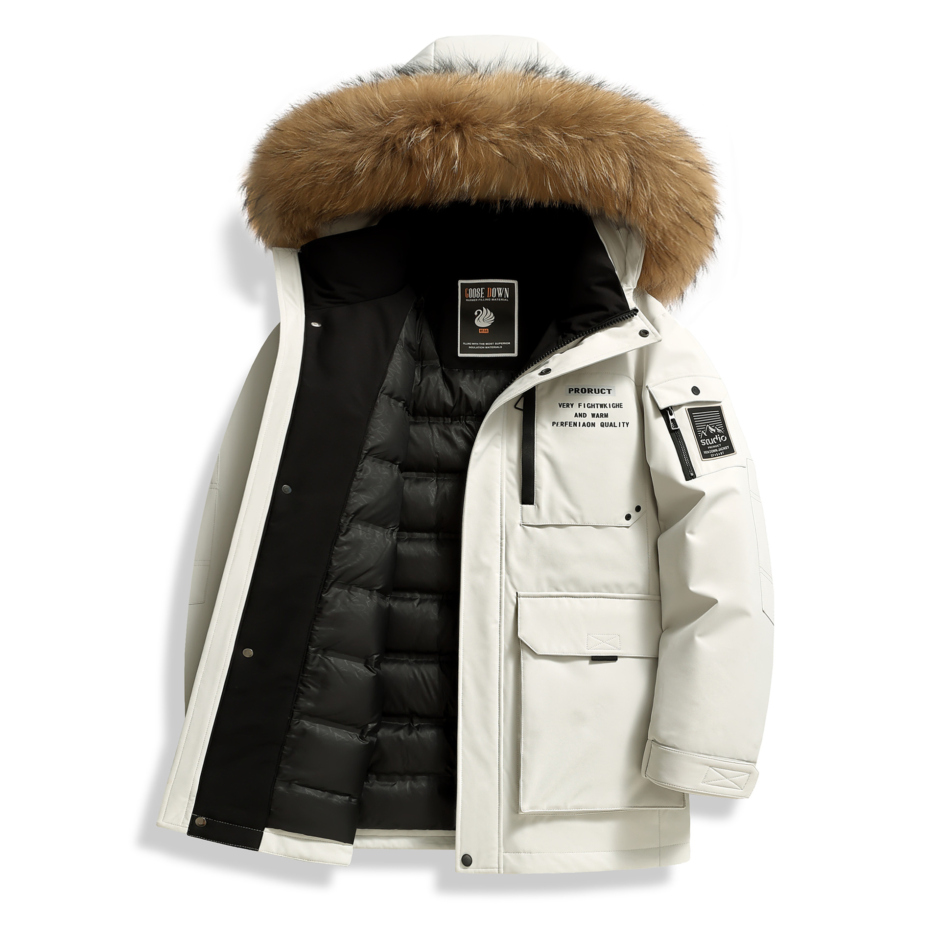 男性のダウンジャケット秋と冬のラクーンファー襟国家標準グースダウン暖かく厚みのある若者カジュアルアウトドア防寒ジャケットトレンディ