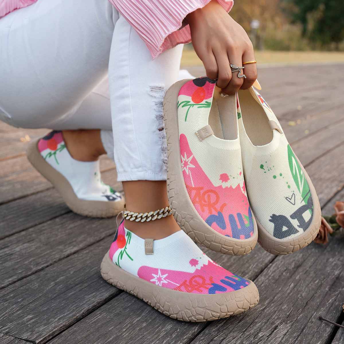 2026春新作 カラーペイント ソフト厚底 スリッポン カジュアルシューズ