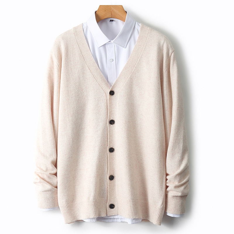 メンズ 2025年新作 Vネック 無地 ロングスリーブ ウールカーディガン - 秋冬 保温 セーター
