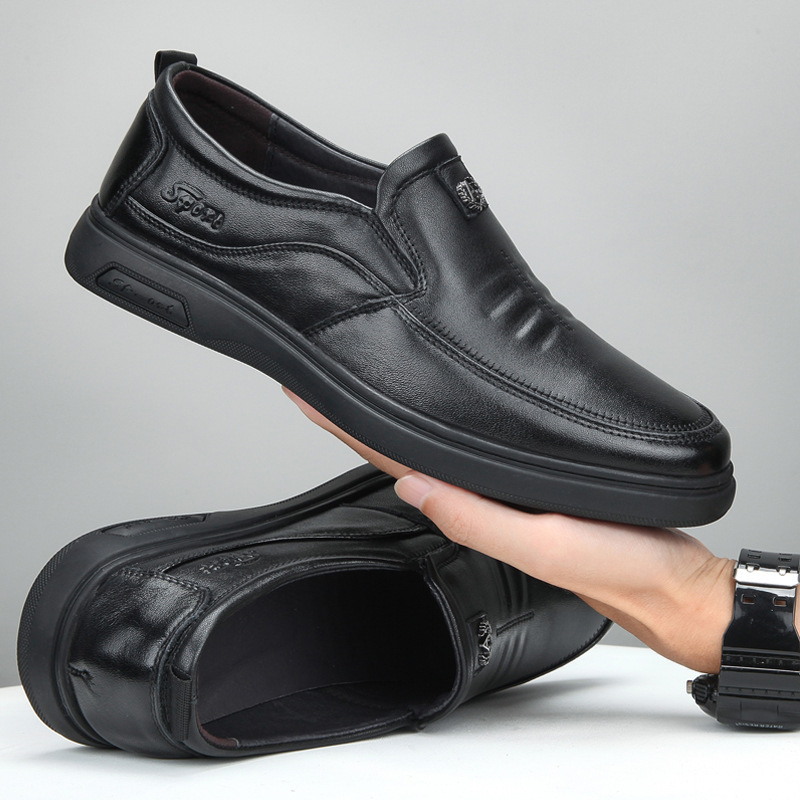 トップレイヤー本革 メンズ ビジネスシューズ - 秋冬 ソフトソール スリップ防止 通気性 カジュアル革靴