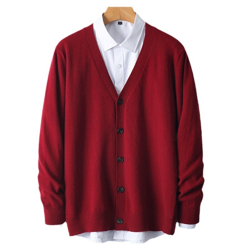 メンズ 2025年新作 Vネック 無地 ロングスリーブ ウールカーディガン - 秋冬 保温 セーター