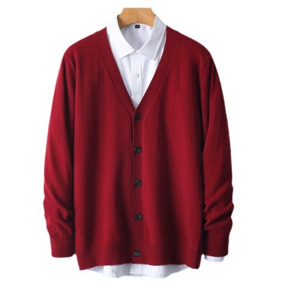 メンズ 2025年新作 Vネック 無地 ロングスリーブ ウールカーディガン - 秋冬 保温 セーター