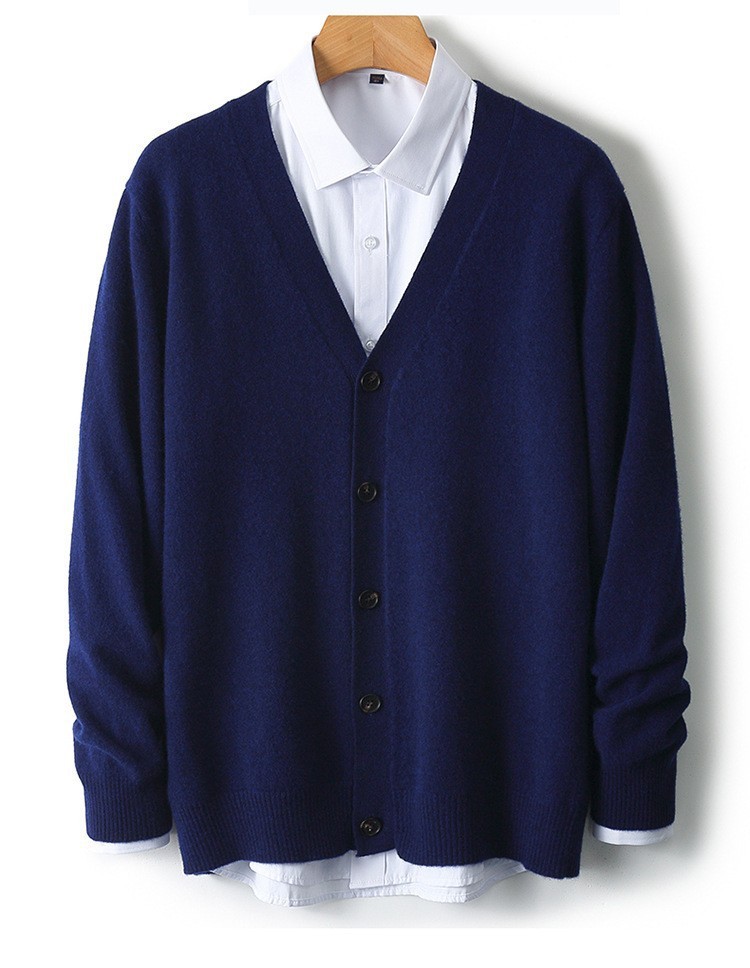 メンズ 2025年新作 Vネック 無地 ロングスリーブ ウールカーディガン - 秋冬 保温 セーター