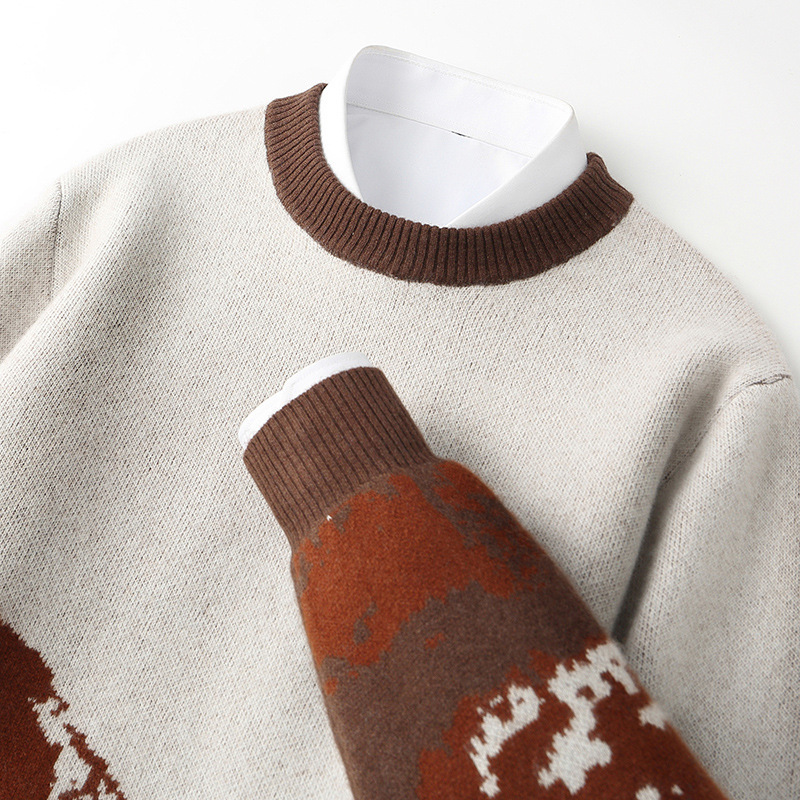 2025年新作 ラウンドネック 山水ジャカード 100%ウールセーター - 秋冬 保温 高級感