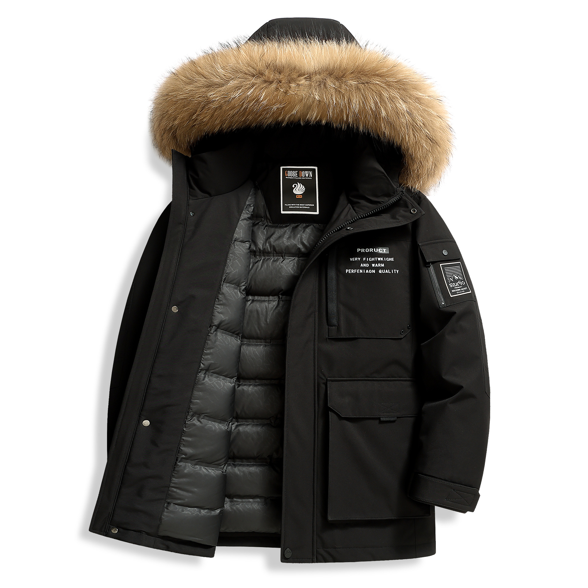 男性のダウンジャケット秋と冬のラクーンファー襟国家標準グースダウン暖かく厚みのある若者カジュアルアウトドア防寒ジャケットトレンディ