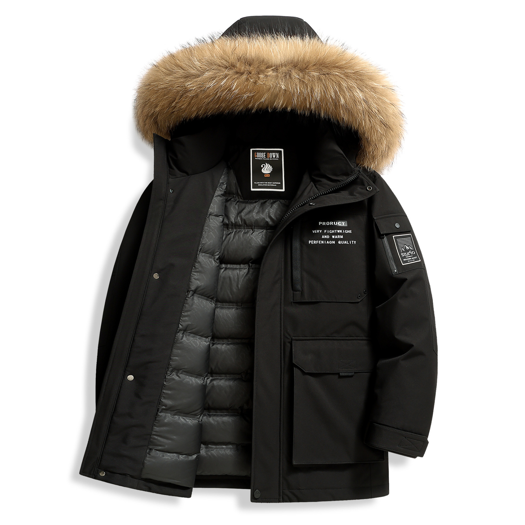 男性のダウンジャケット秋と冬のラクーンファー襟国家標準グースダウン暖かく厚みのある若者カジュアルアウトドア防寒ジャケットトレンディ