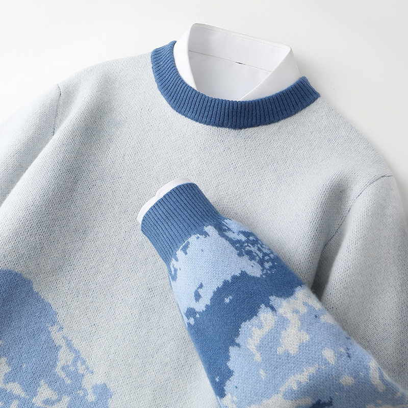 2025年新作 ラウンドネック 山水ジャカード 100%ウールセーター - 秋冬 保温 高級感