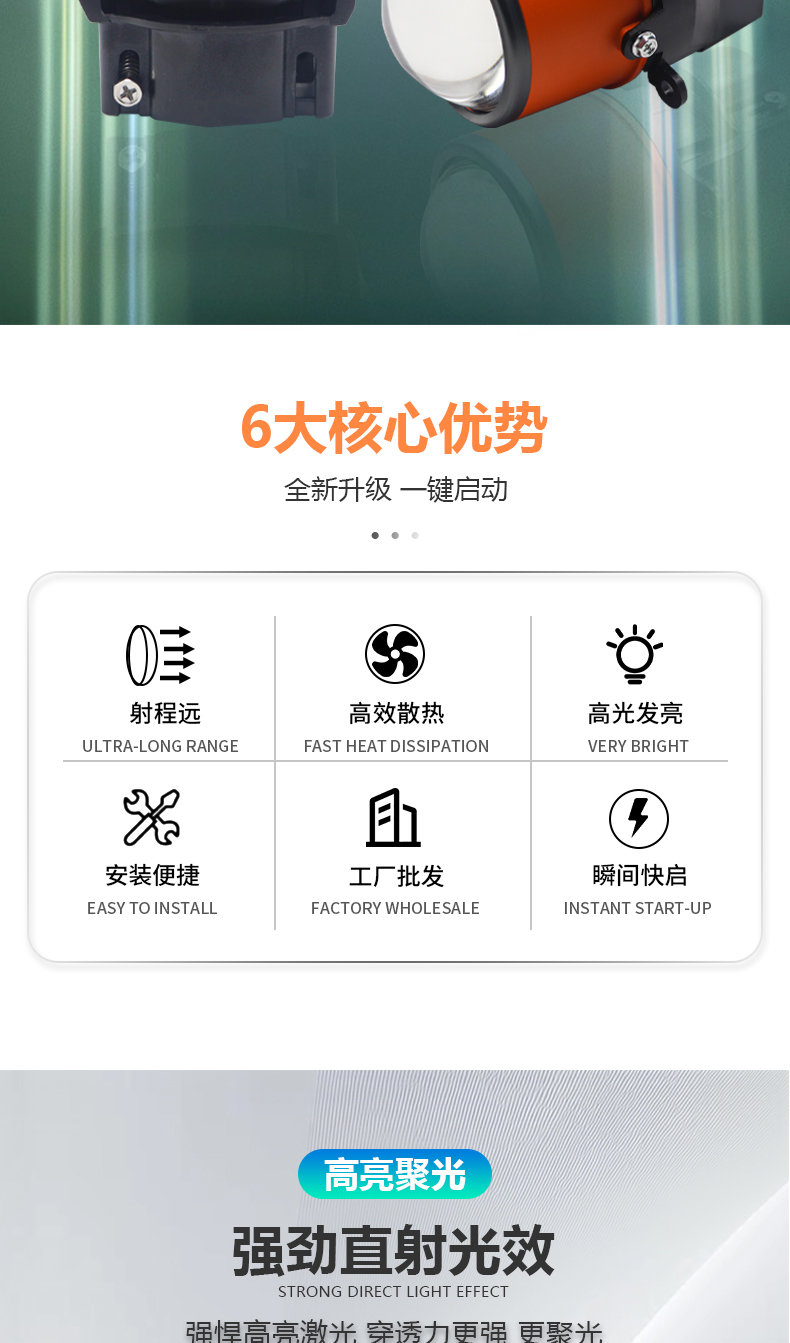 通用法雷奥汽车橙色灯体3寸双灯杯双光透镜雾灯远光炮前灯改装