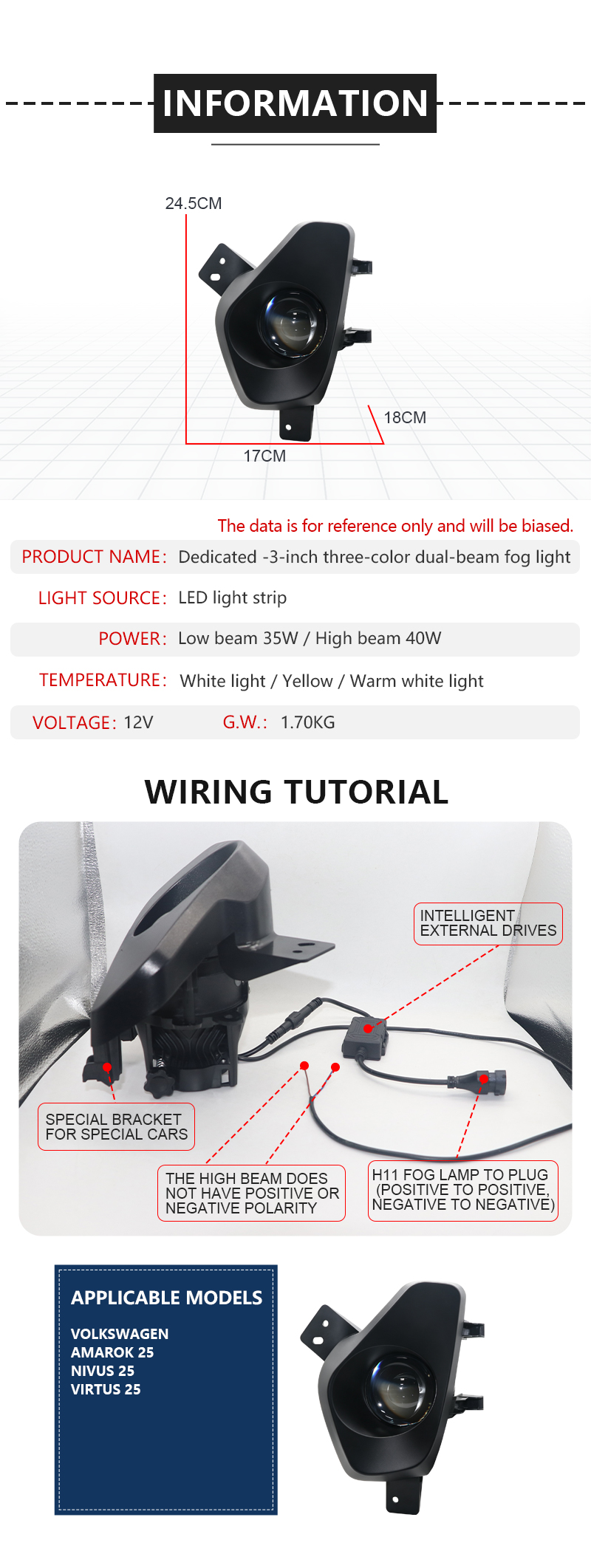 AILILAISI Tri Color 3Inch Bi LED Lens Fog Light Lamp Projector Applicable for Volkswagen Virtus Sedan 2025 Assembly with Mounting Bracket
