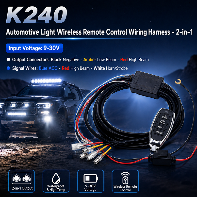 K240 2-in-1 Wireless Remote Control Cable Set for Car Motorcycle Truck Pickup Auxiliary Lights One-to-Two Wiring Harness 9-30V