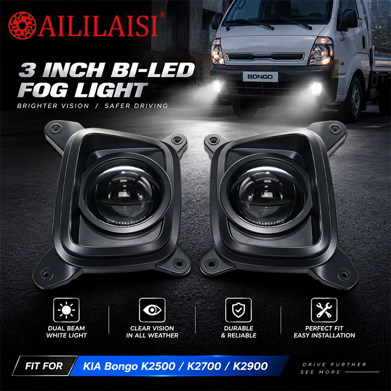 AILILAISI NEW 3 Inch Bi LED Bifocal Lens Fog Light for Kia Bongo K2500 K2700 K2900 Dual Beam White Light Electrophoretic Coated Fog Lamp