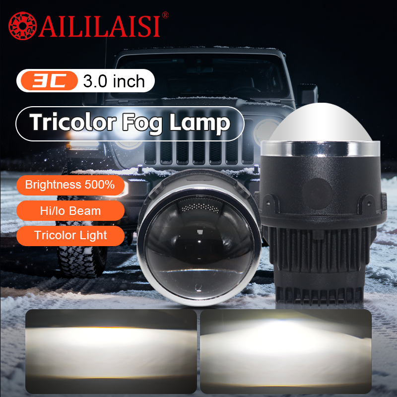AIlilaisi Fog Lamp Lens Projector Driving Lights Bi Led for Universal Car Low High Beam Spotlights White 6000K Tricolor Fog Lamp