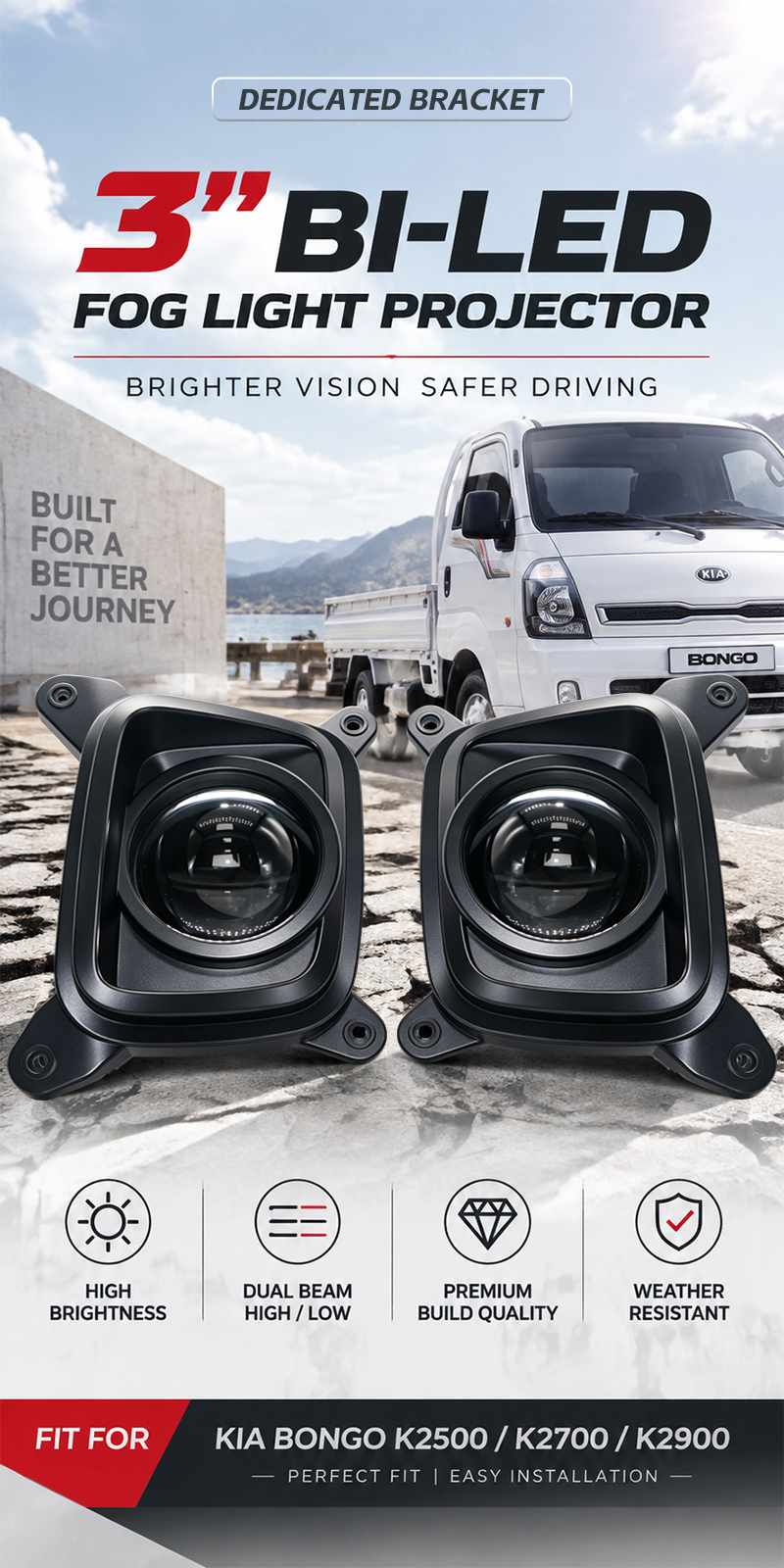 AILILAISI NEW 3 Inch Bi LED Bifocal Lens Fog Light for Kia Bongo K2500 K2700 K2900 Dual Beam White Light Electrophoretic Coated Fog Lamp