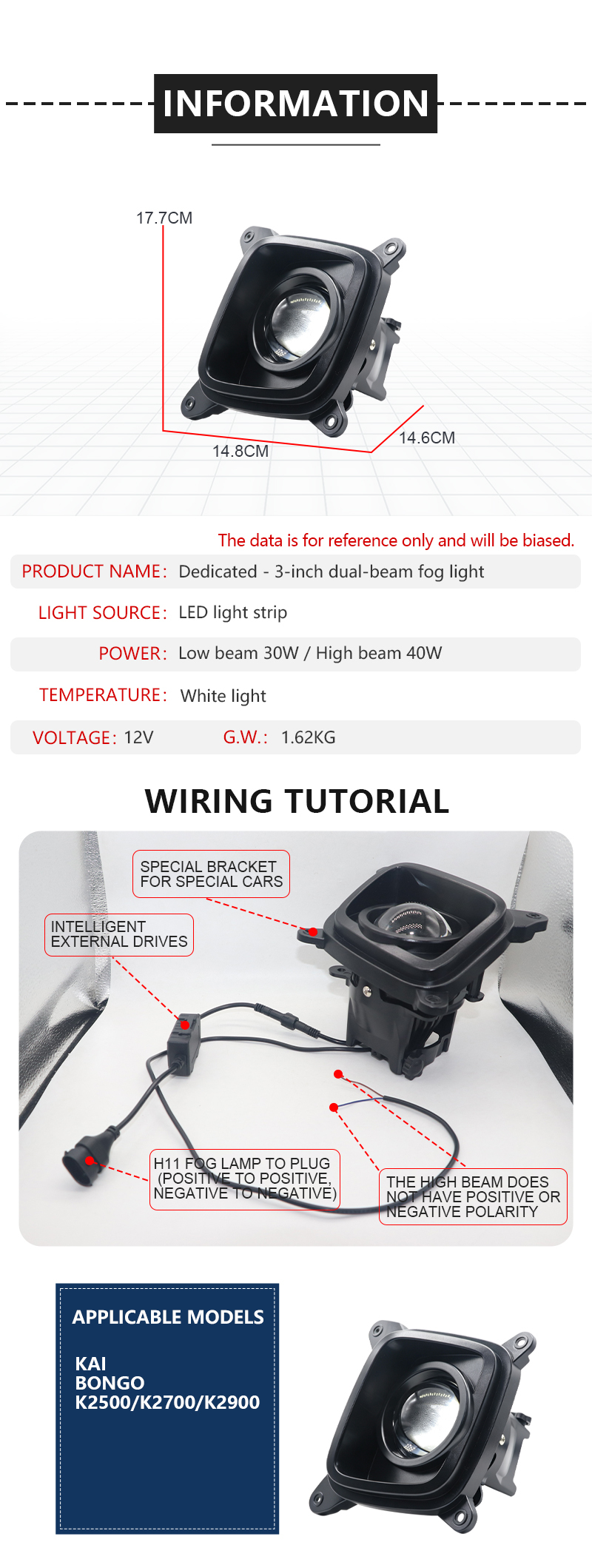 AILILAISI NEW 3 Inch Bi LED Bifocal Lens Fog Light for Kia Bongo K2500 K2700 K2900 Dual Beam White Light Electrophoretic Coated Fog Lamp