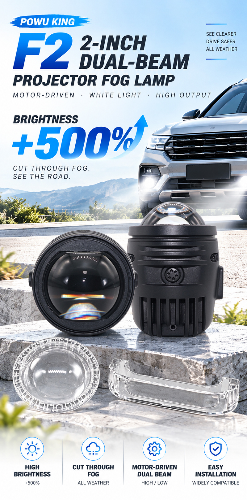 AILILAISI 2 Inch Dual Beam Fog Light Projector with Motorized Lens Low High Beam Anti-Fog Driving Lamp for Automotive Lighting
