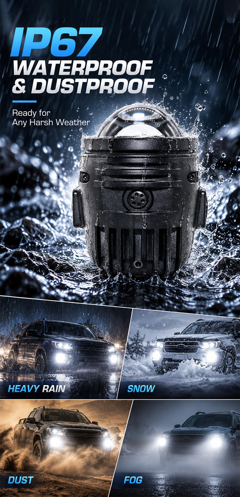 AILILAISI 2 Inch Dual Beam Fog Light Projector with Motorized Lens Low High Beam Anti-Fog Driving Lamp for Automotive Lighting