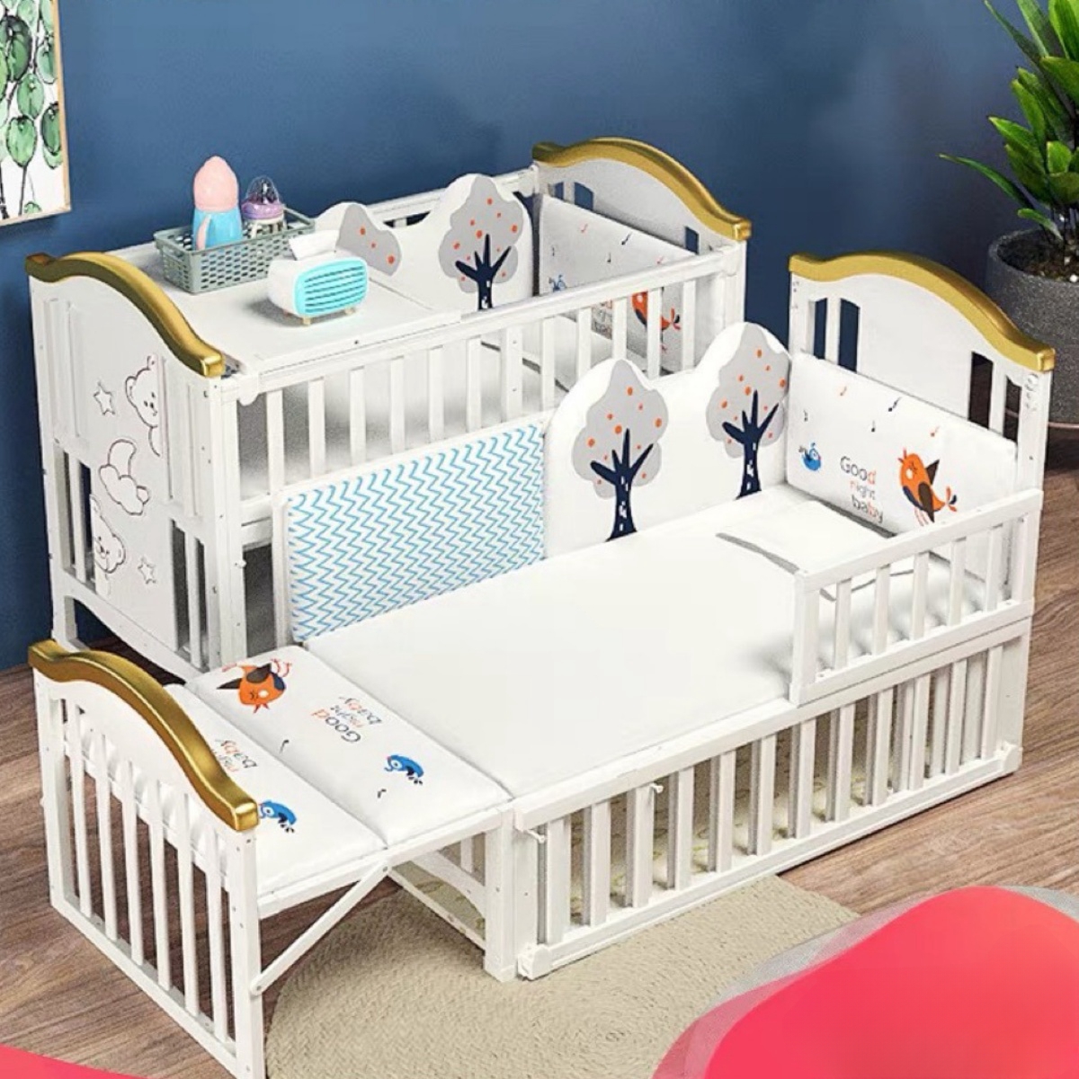 Multifunctional wooden baby crib