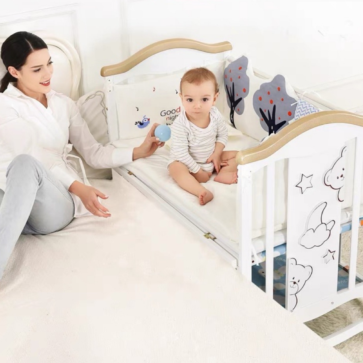 Multifunctional wooden baby crib