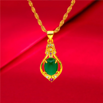 Women's Gold Chain Water Drops Emerald Green Peacock Pendant Necklace