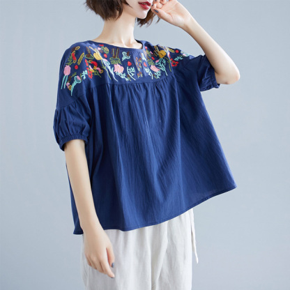 Vintage embroidered round neck short sleeve