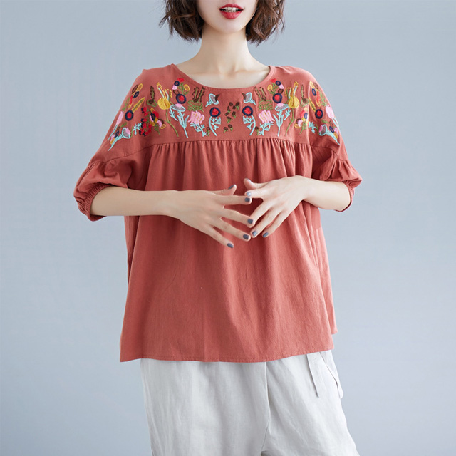 Vintage embroidered round neck short sleeve