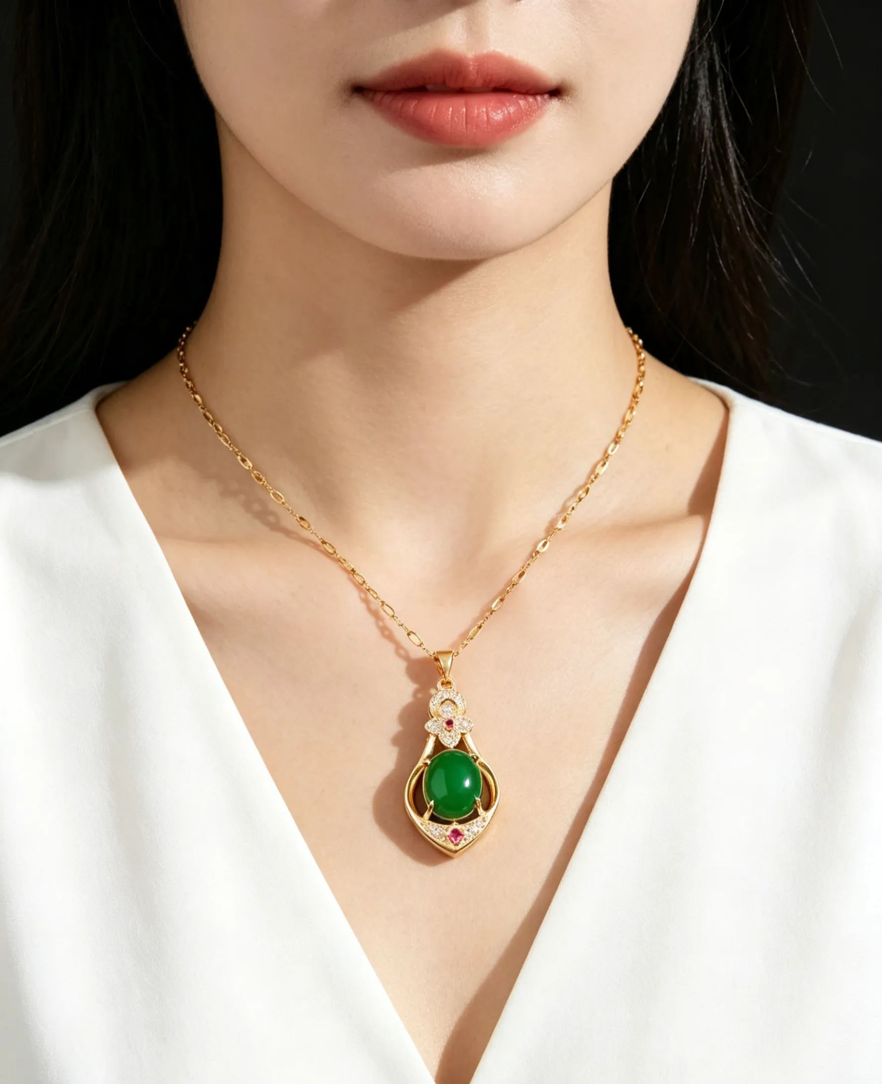 Women's Gold Chain Water Drops Emerald Green Peacock Pendant Necklace