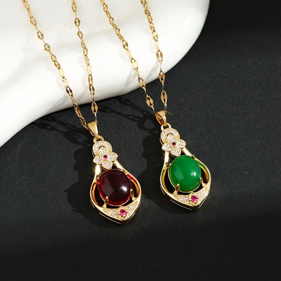 Women's Gold Chain Water Drops Emerald Green Peacock Pendant Necklace