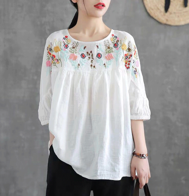 Vintage embroidered round neck short sleeve