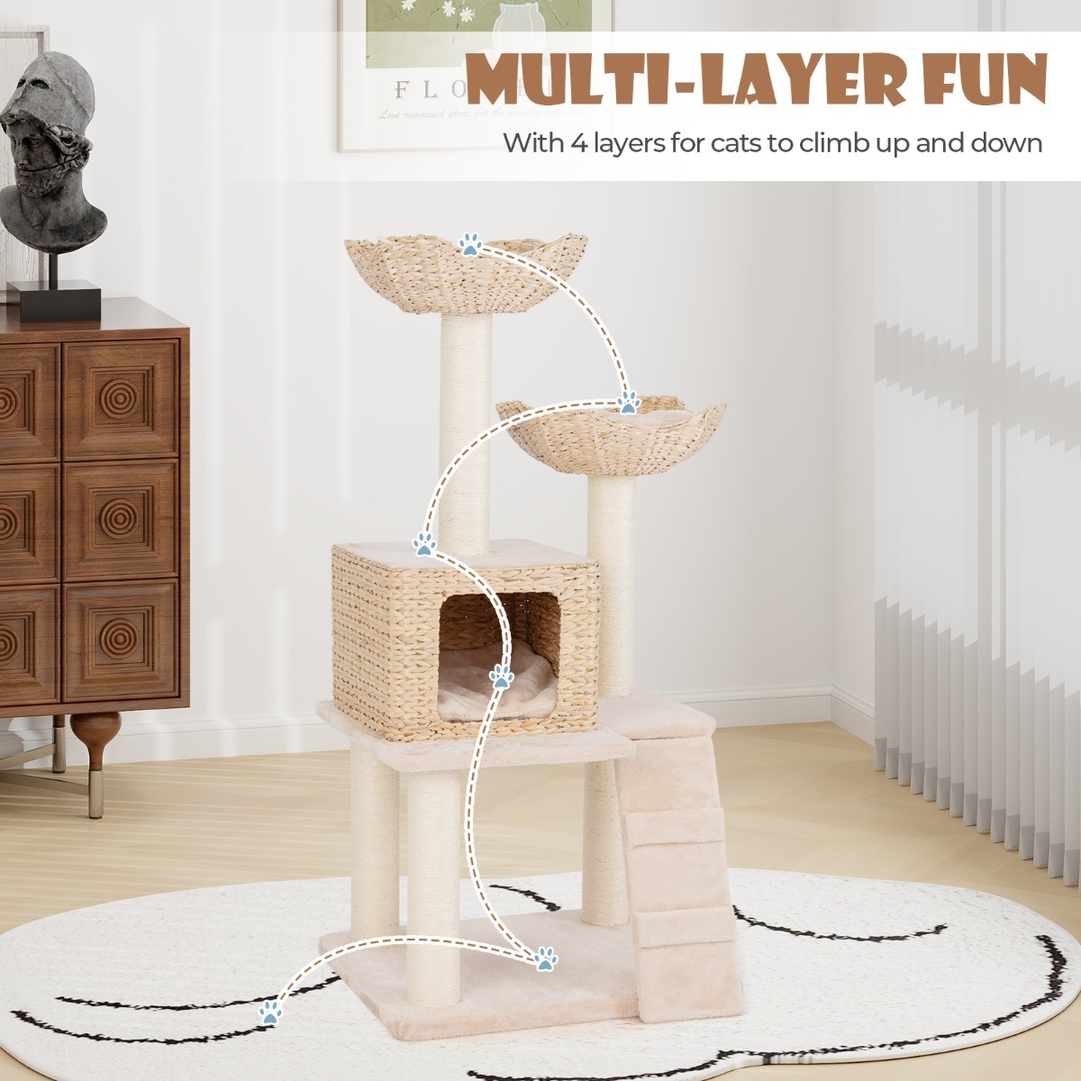 122cm Cattail Cat Tower with Sisal Scratching Posts Perch Condo