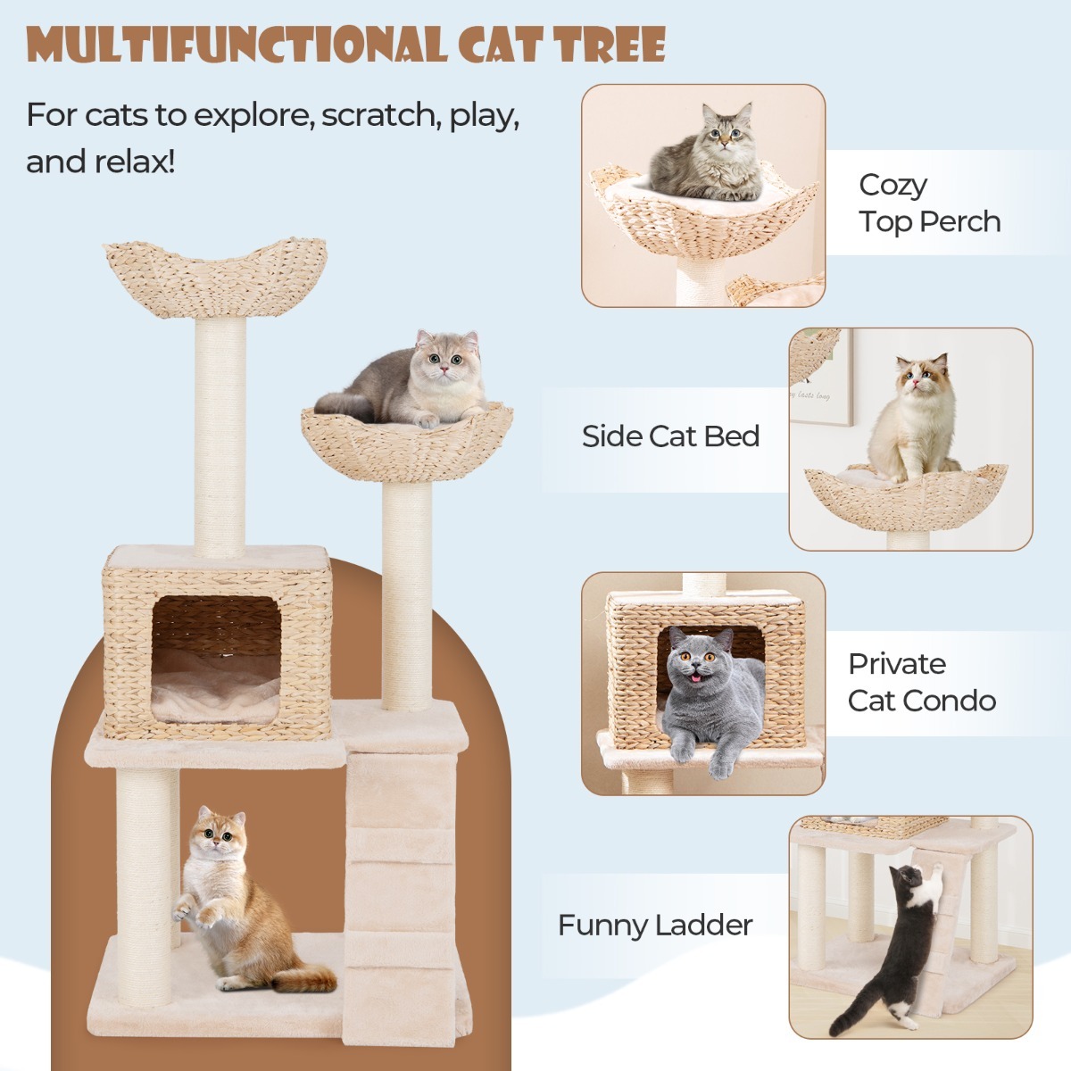 122cm Cattail Cat Tower with Sisal Scratching Posts Perch Condo