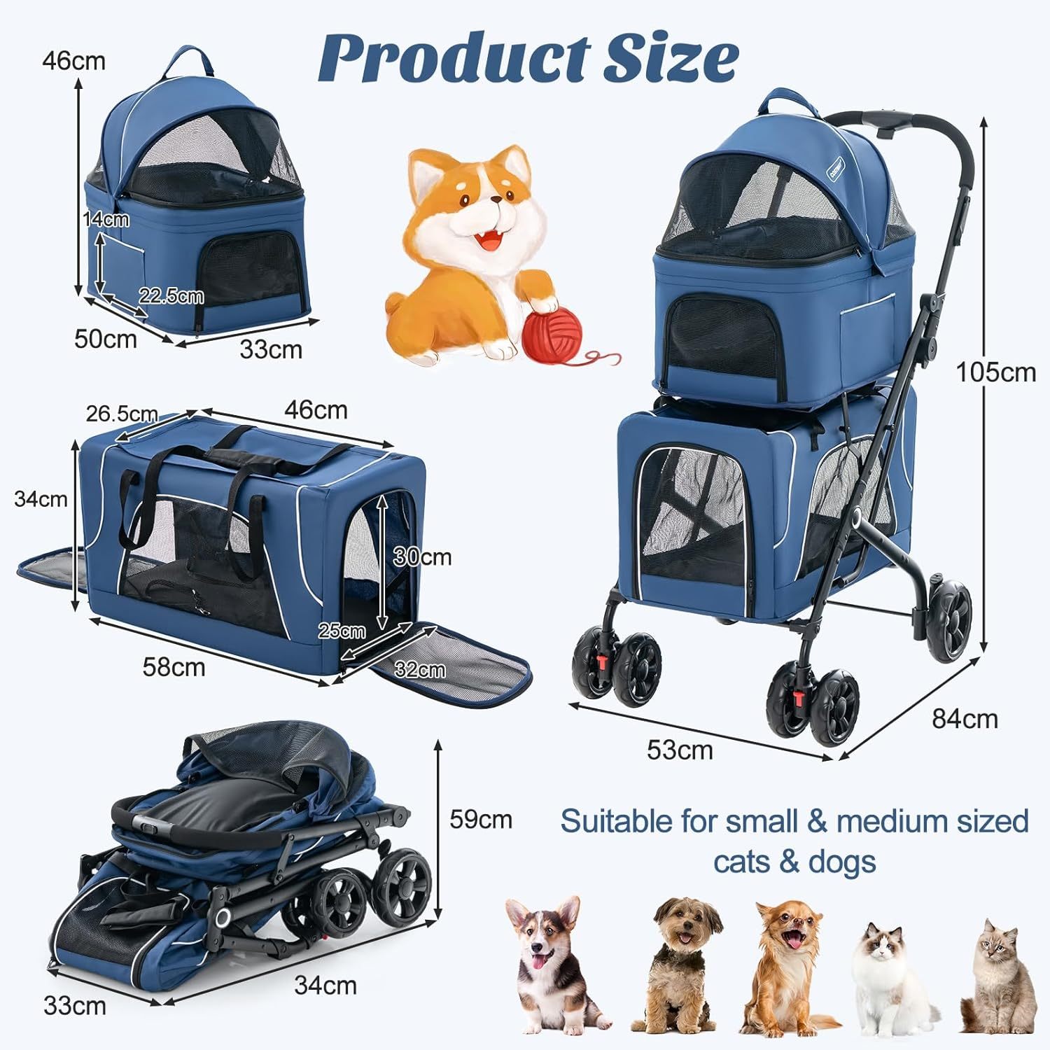 Furfurst Double Pet Stroller Foldable 3-in-1 Dog Stroller with 2 Detachable Carriers