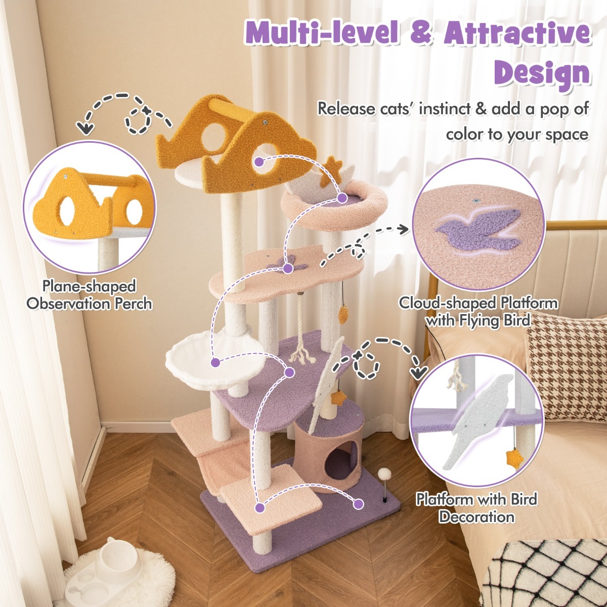 167cm Multi-level Tall Cat Tower with Sisal Covered Scratching Posts