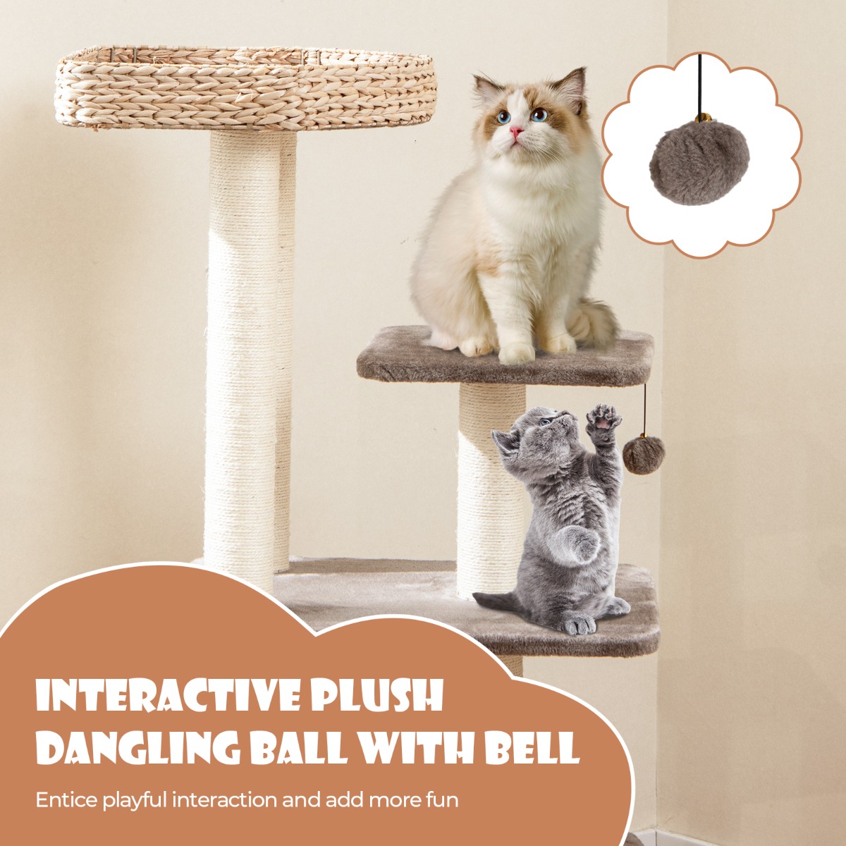 131cm Cattail Cat Tower with Sisal Scratching Posts Perch Condo Dangling Ball