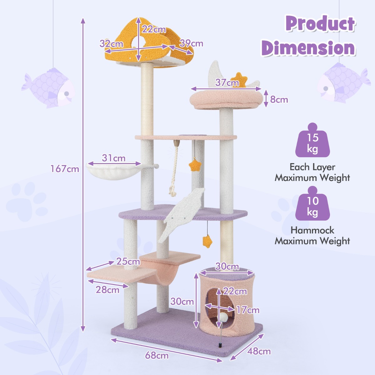 167cm Multi-level Tall Cat Tower with Sisal Covered Scratching Posts