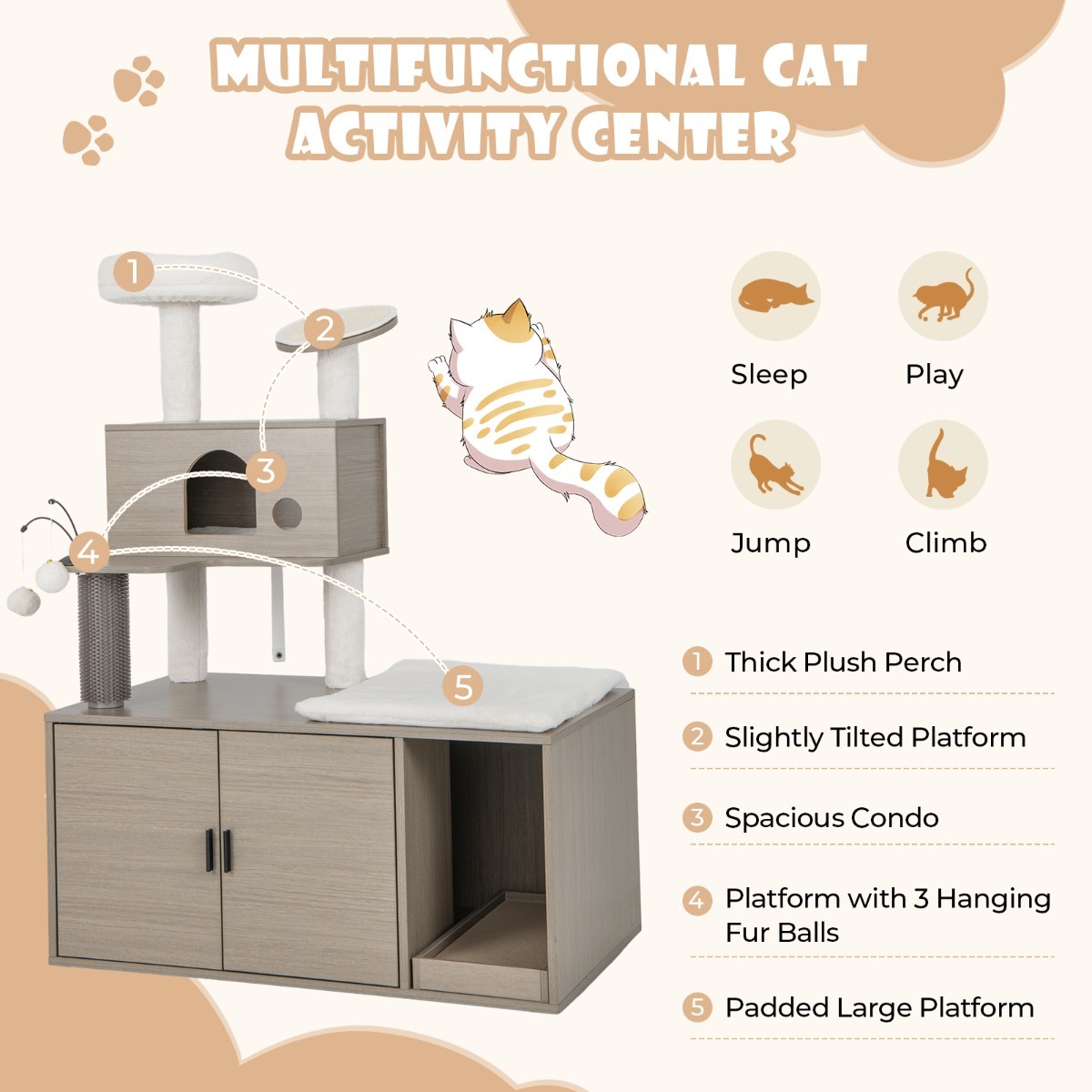 2 In 1 Cat Tree with Litter Box Enclosure for Indoor Cars