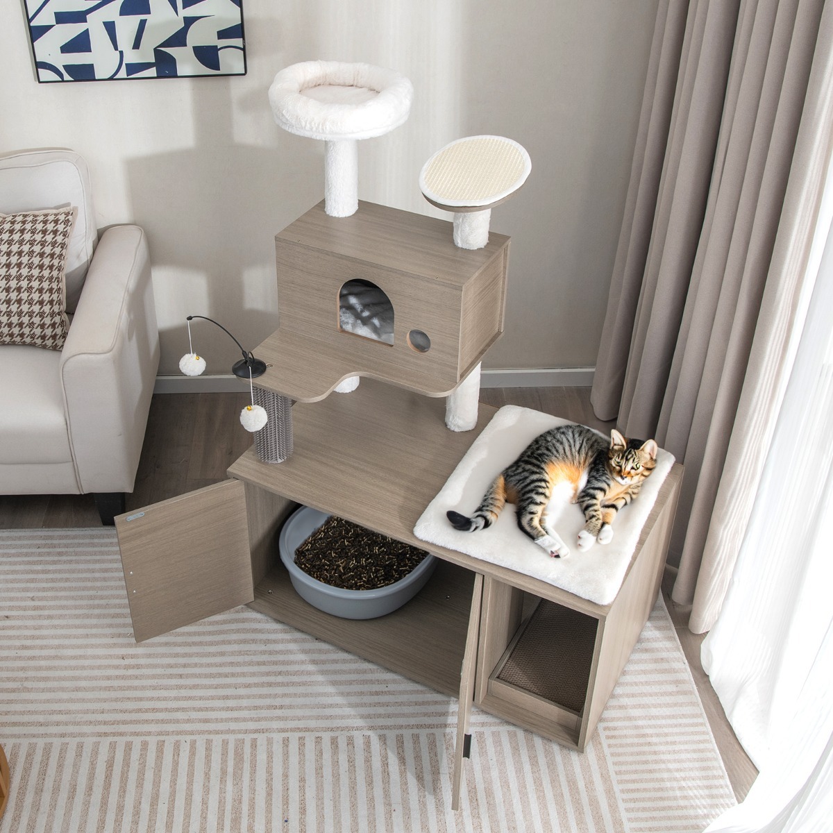 2 In 1 Cat Tree with Litter Box Enclosure for Indoor Cars