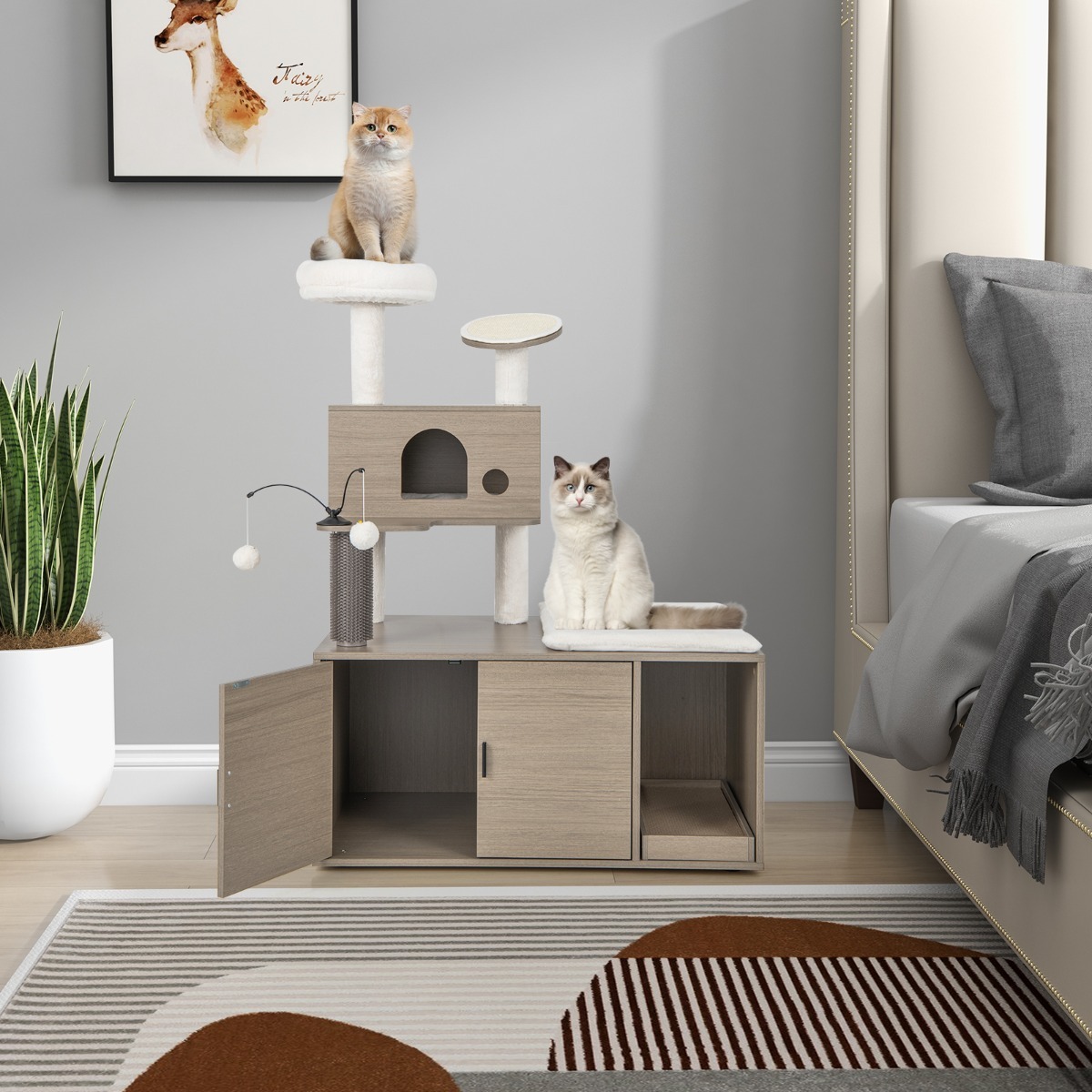 2 In 1 Cat Tree with Litter Box Enclosure for Indoor Cars