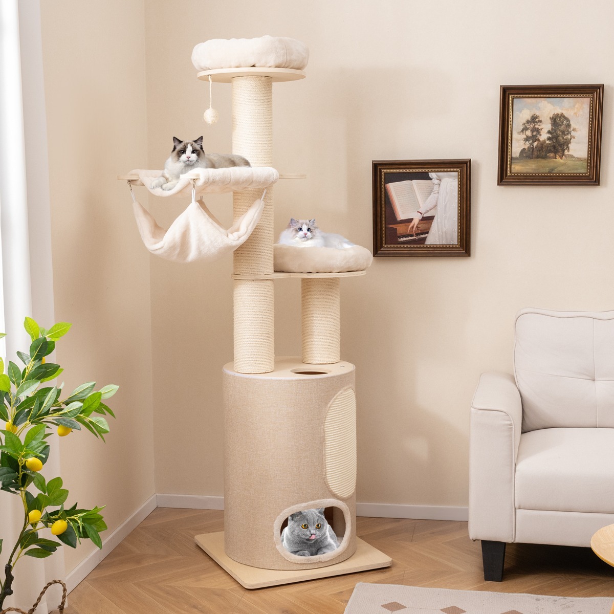 187cm Tall Wooden Cat Tower Tree with Sisal and Washable Cushions