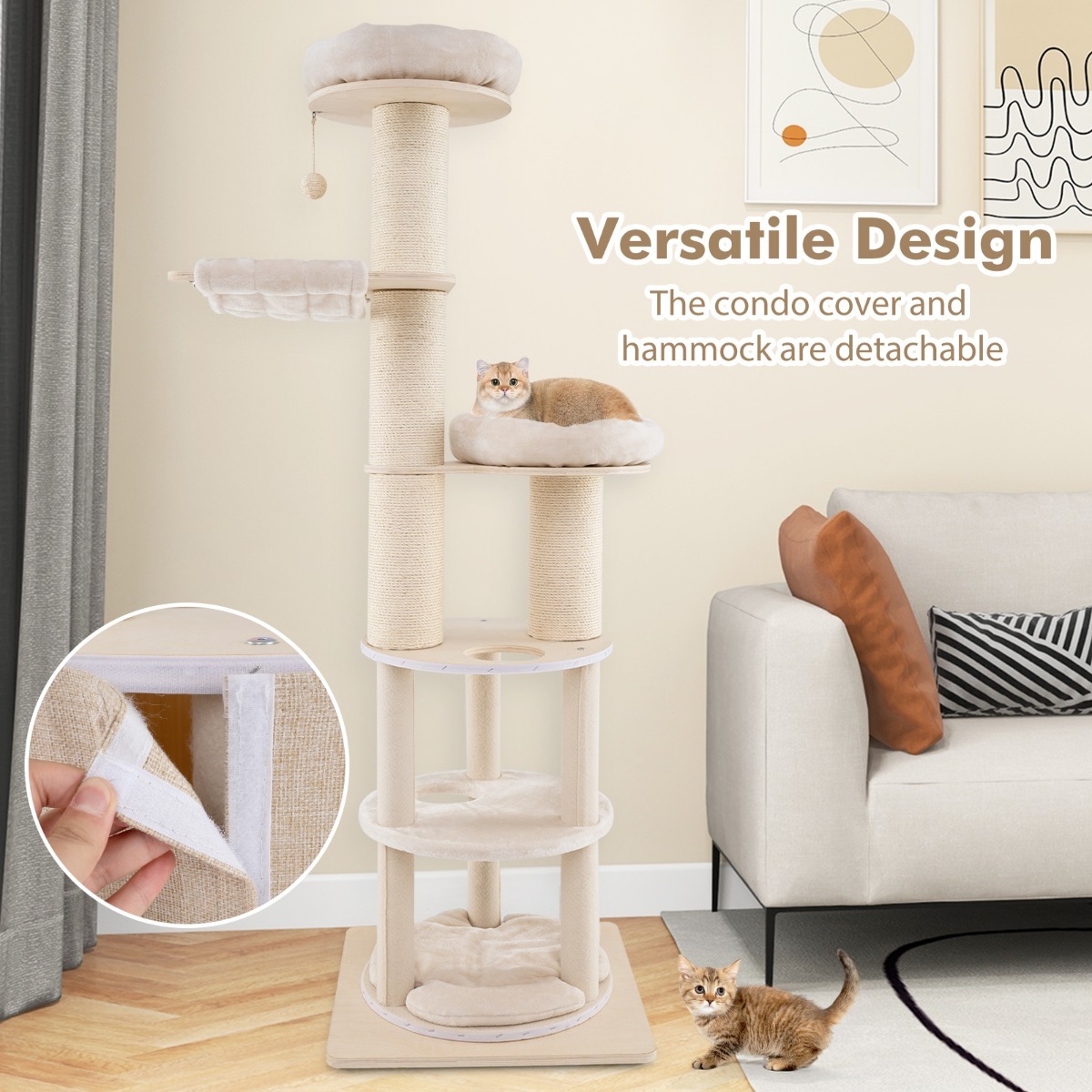 187cm Tall Wooden Cat Tower Tree with Sisal and Washable Cushions