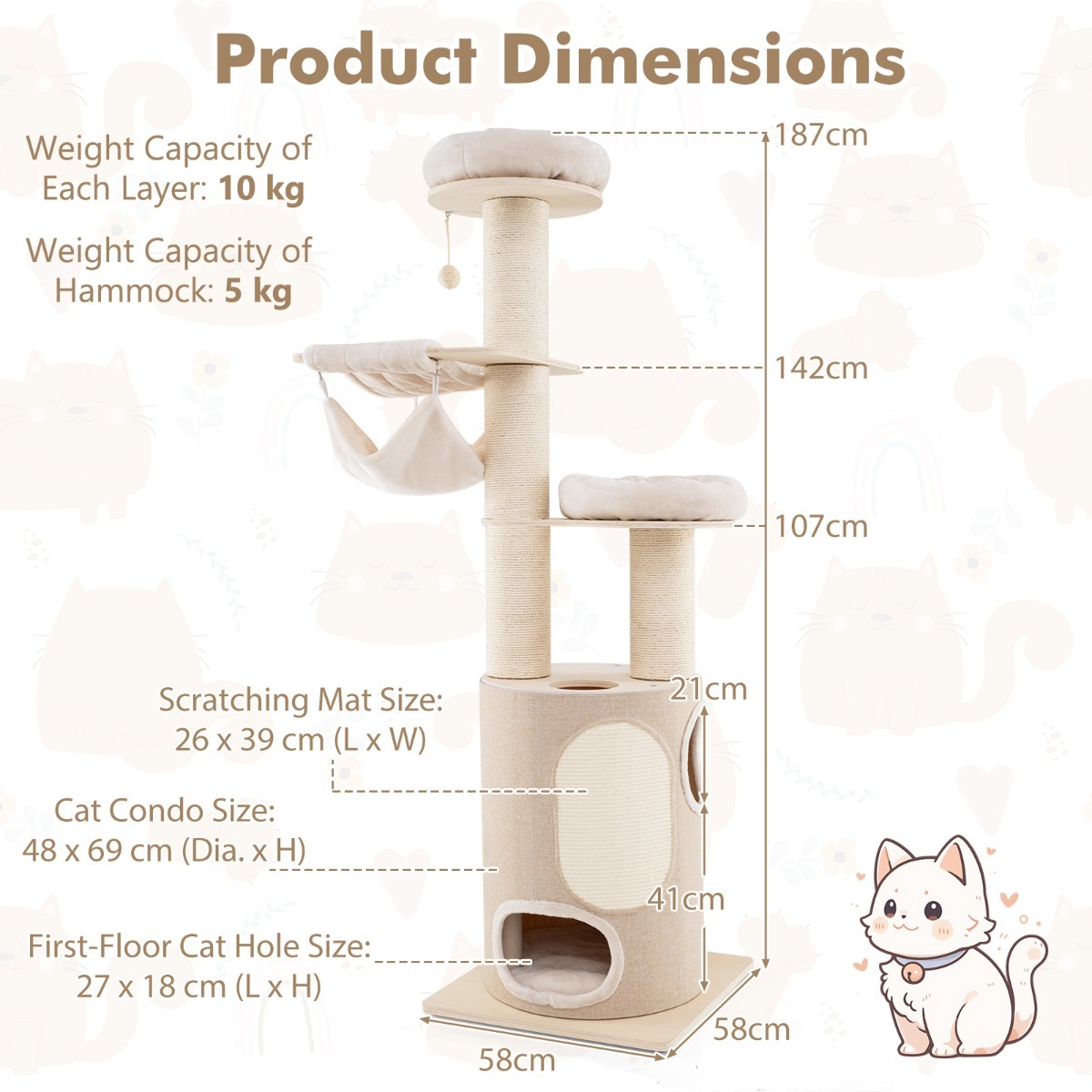187cm Tall Wooden Cat Tower Tree with Sisal and Washable Cushions