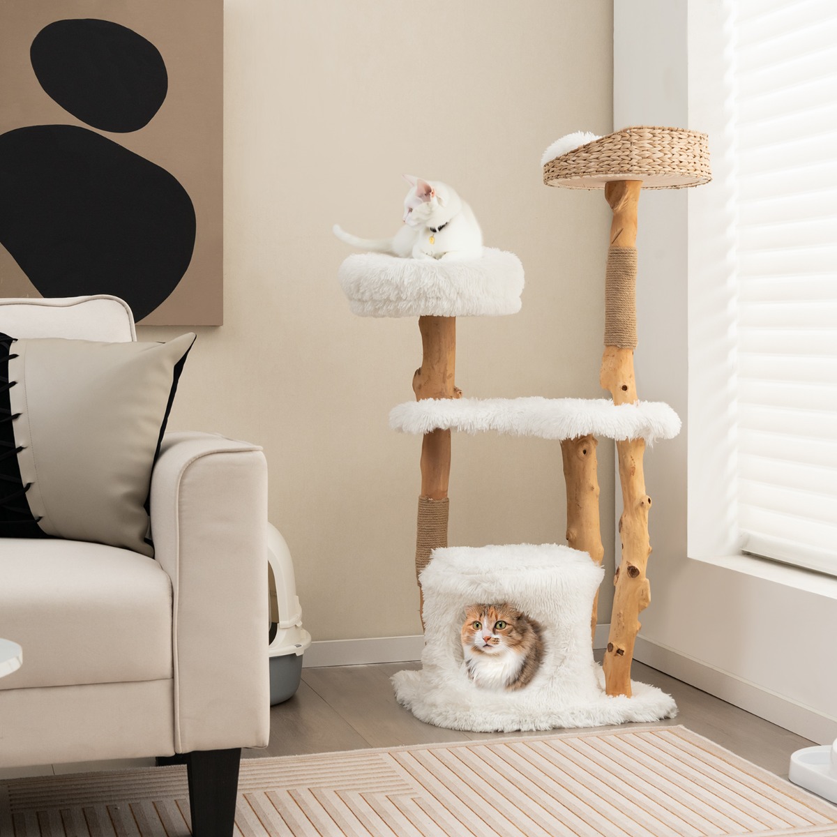 Furfurst 124 CM Tall Wooden Cat Tree with Jute Scratching Posts For Pet