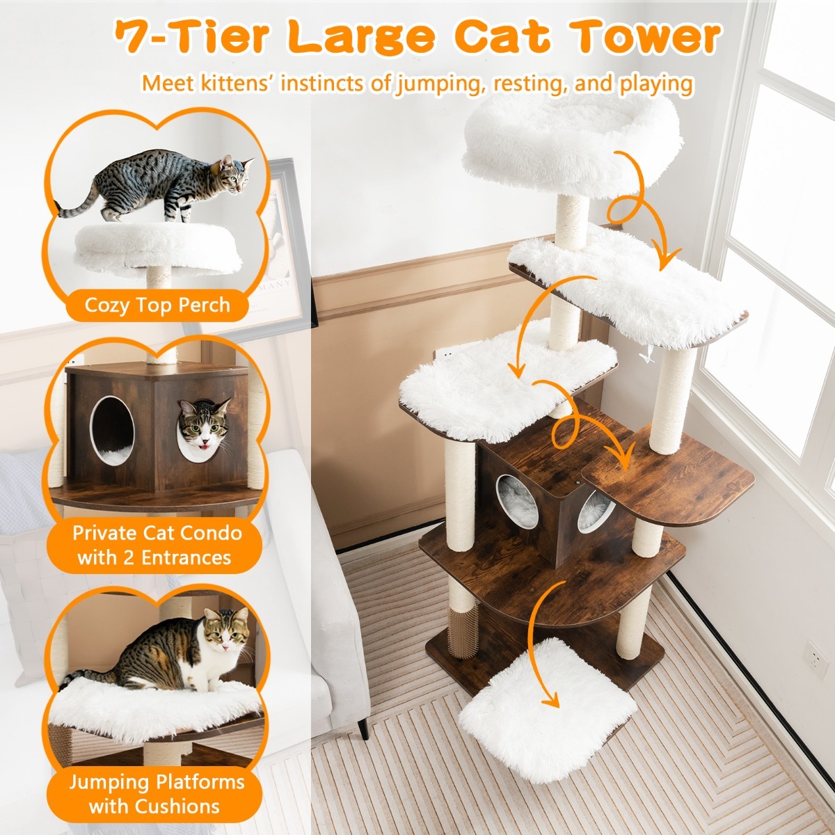 179 CM Tall 7-Layer Wooden Cat Tree with Sisal Scratching Posts
