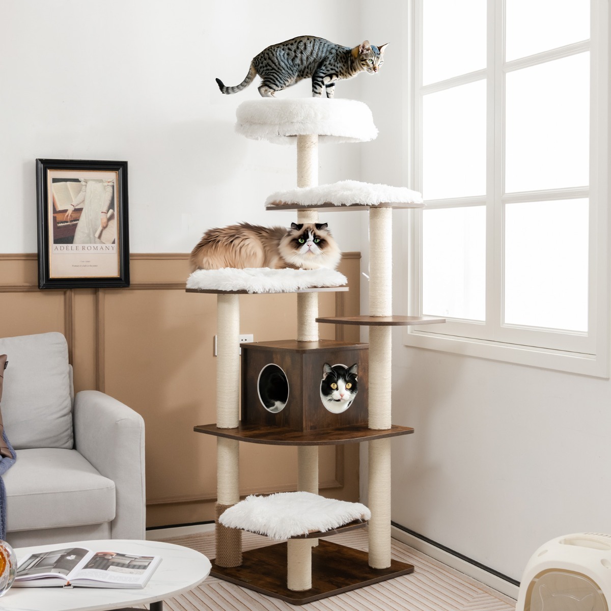 179 CM Tall 7-Layer Wooden Cat Tree with Sisal Scratching Posts