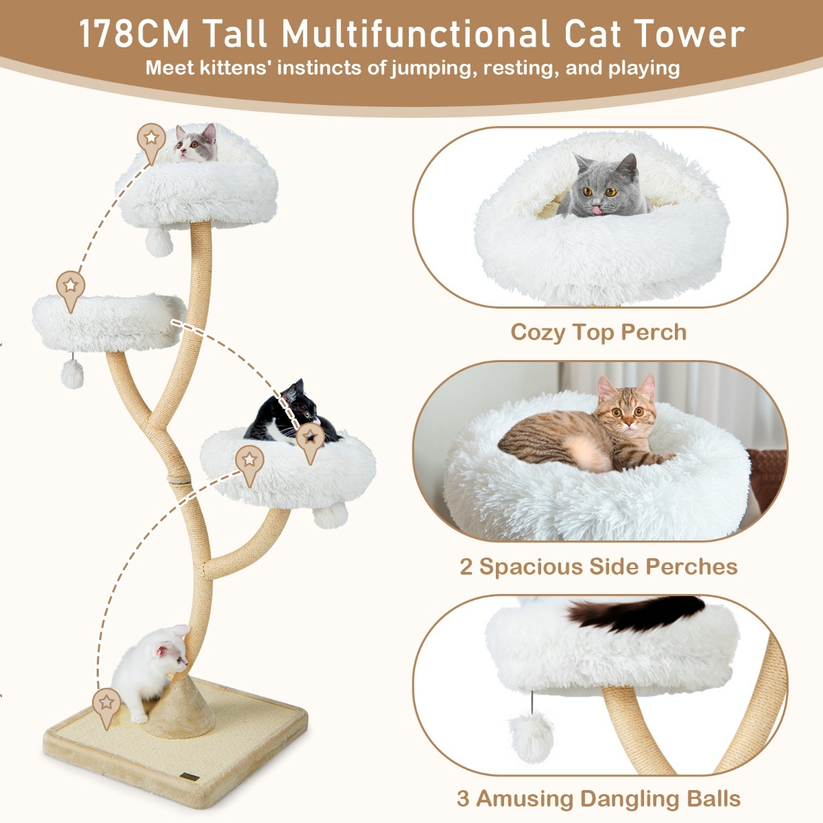 Furfurst 178cm Multi-Level Cat Activity Center with 3 Warm Perches for Cat