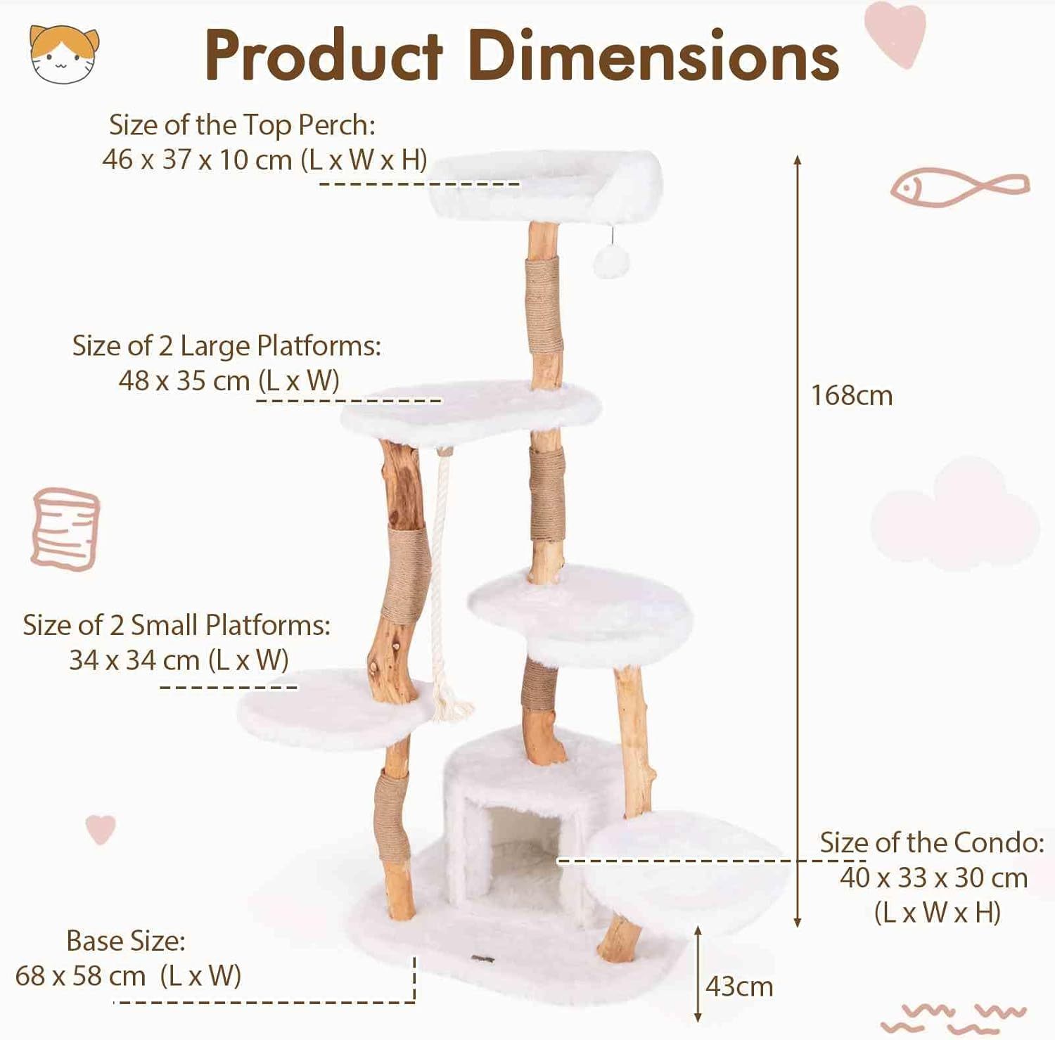 Furfurst 168cm Tall Solid Wood Cat Tree Modern Wooden Cat Tower with Perch